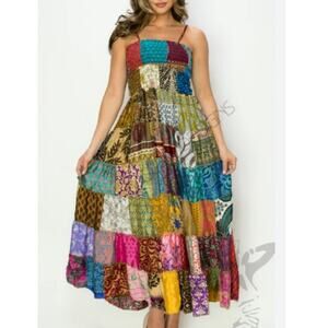 New Patchwork boho Midi silky satin smocked S/M has stretch dress ($89)